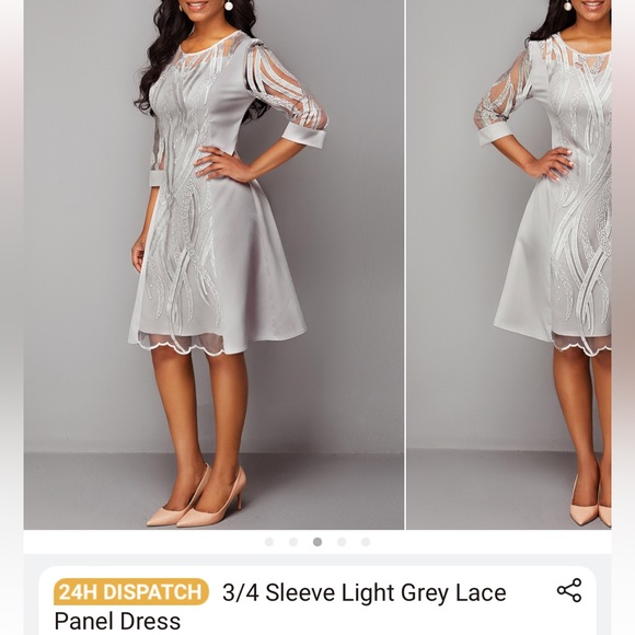 Modlily 3/4 Sleeve Light Grey Lace Panel Dress, size Large - Picture 3 of 12